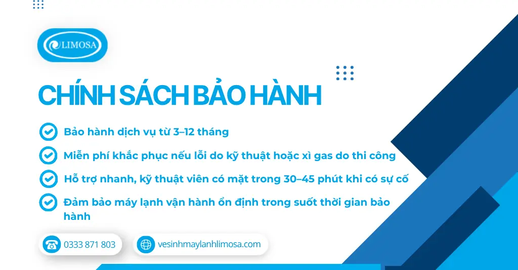 Chính sách bảo hành dịch vụ bơm ga máy lạnh tại Trung tâm Vệ Sinh Máy Lạnh Limosa